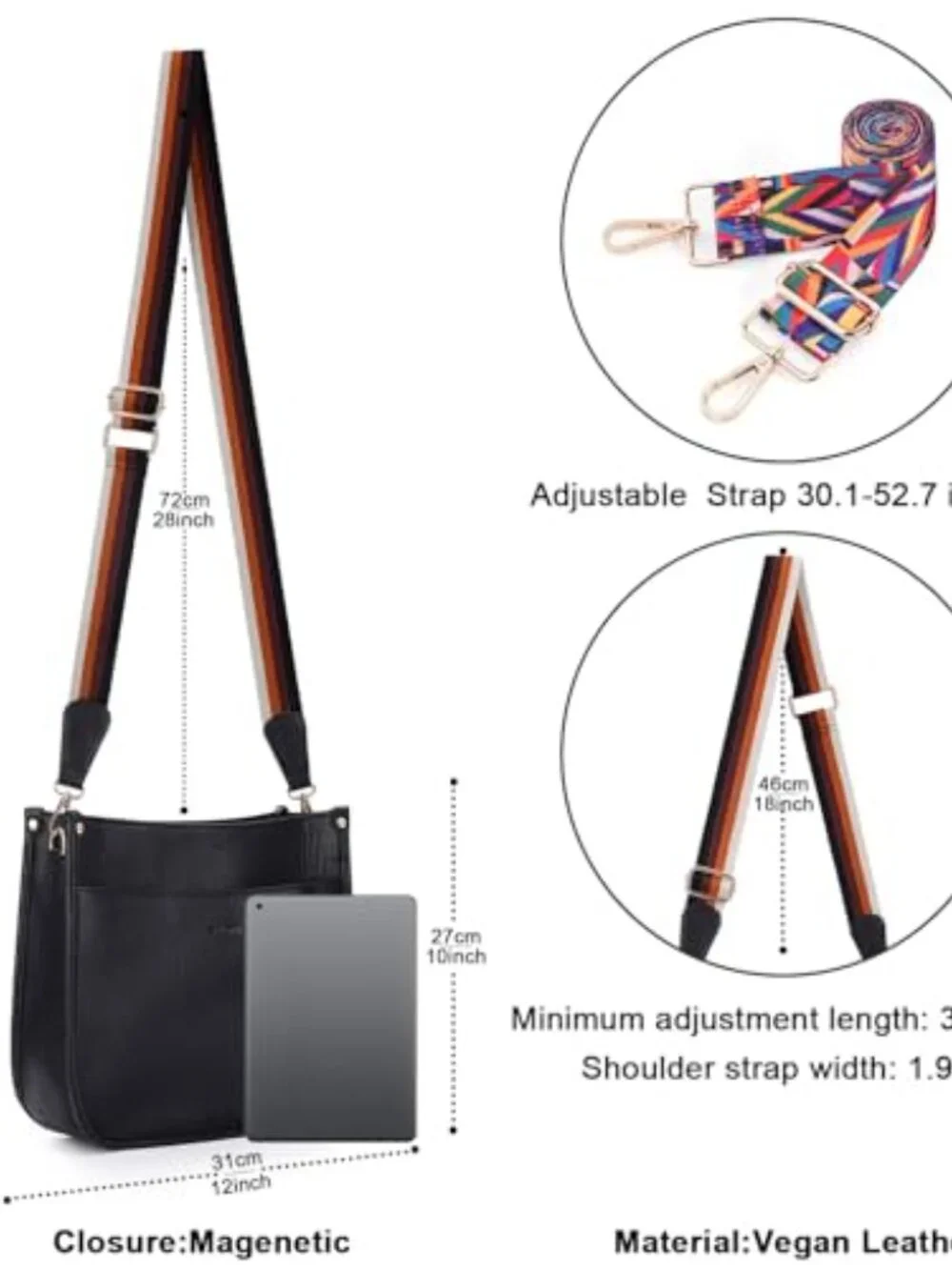 Vegan Leather Hobo Handbag with 2 Adjustable Guitar Straps Crossbody Bag